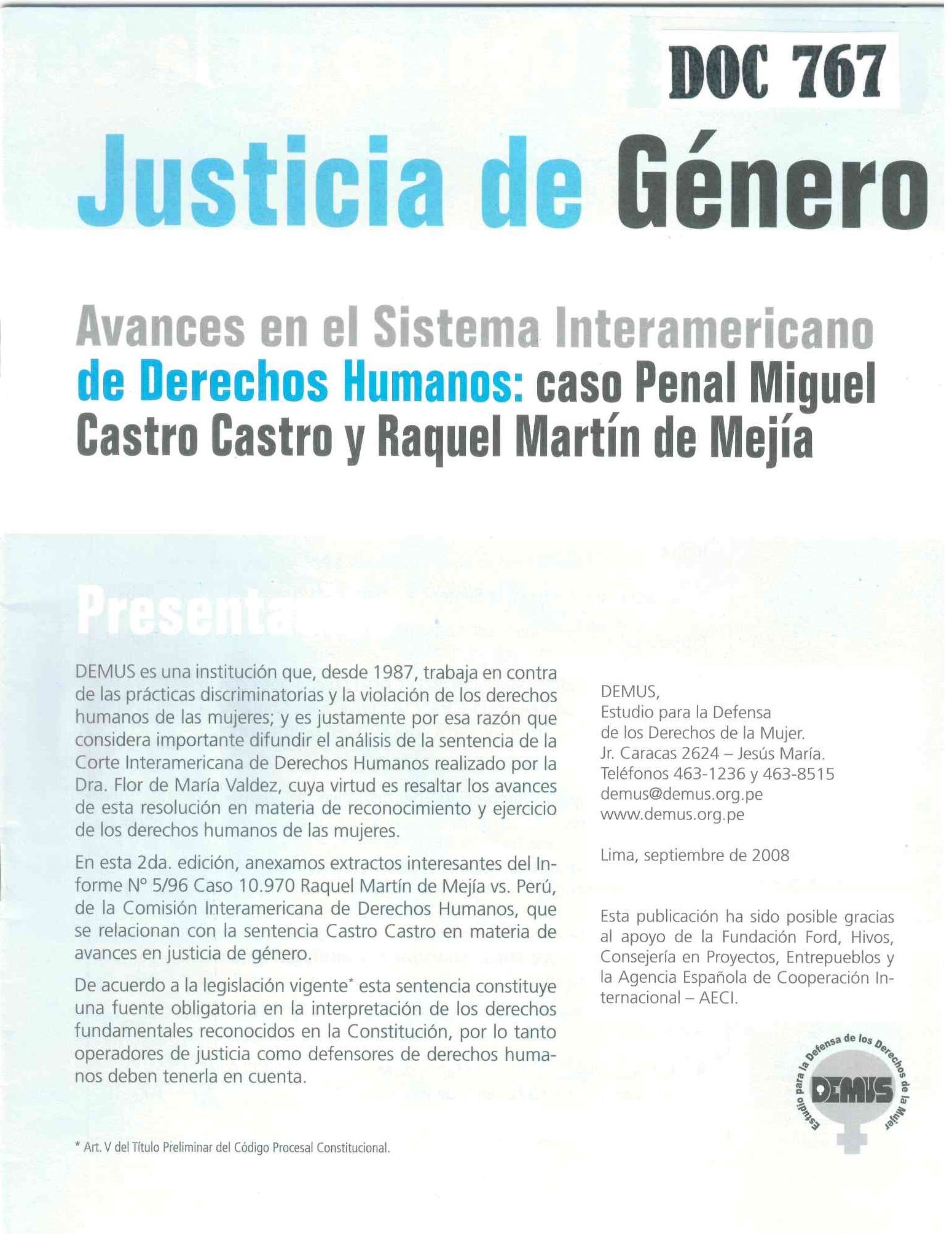 Justicia de Género. Avances en el Sistema Interamericano de Derechos Humanos: caso Penal Miguel Castro Castro y Raquel Matín de Mejía
